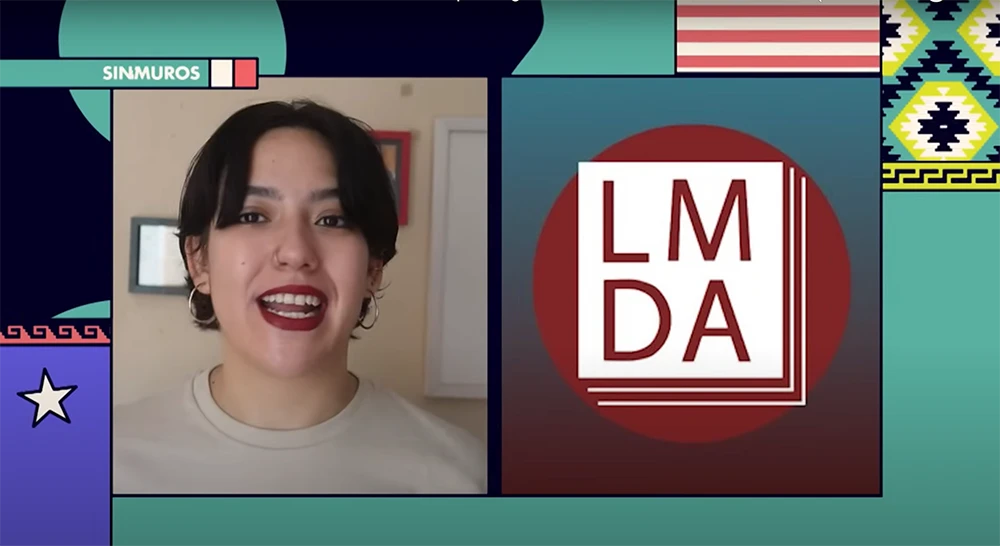 A woman engaged in a video call, with the text LMDA displayed, part of the Sin Muros segment with Jaz Cato.